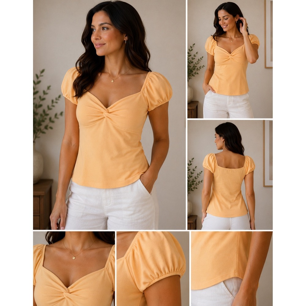 B.lash Yellow Twist Front Sweetheart Puff Sleeve Top BT03511 Womens Large
